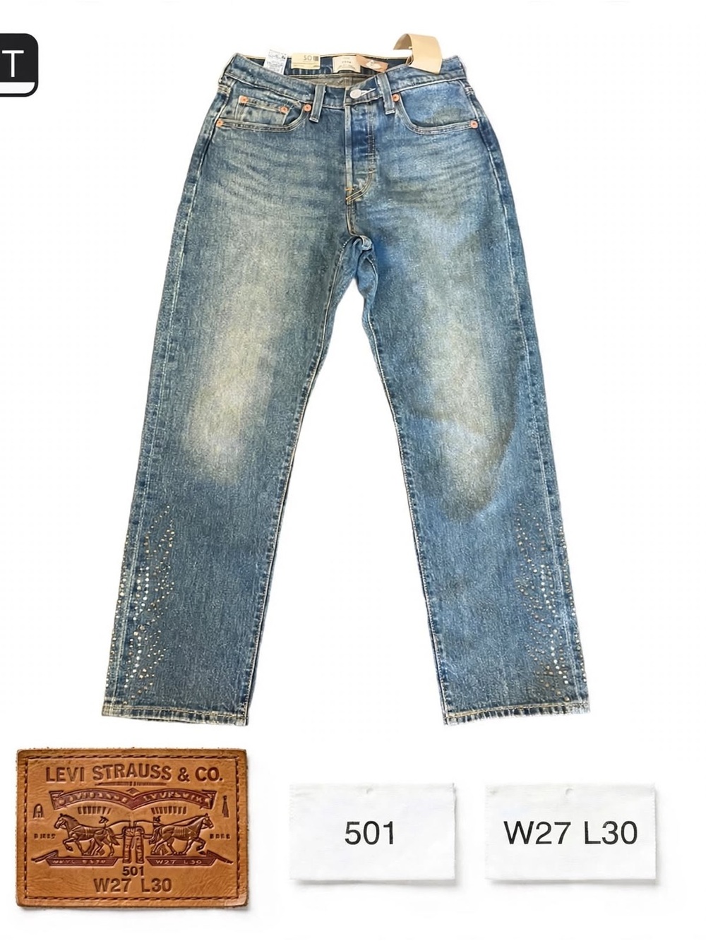 Levi's Women's Straight Leg Jeans in Light Blue with Stud Details